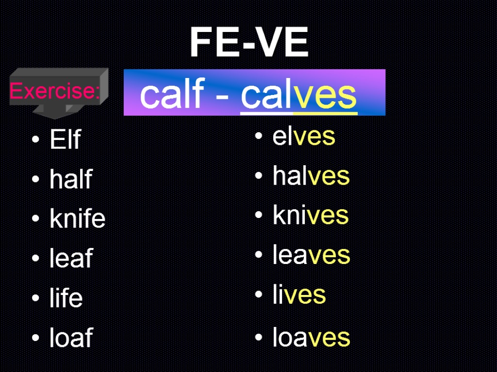 FE-VE Elf half knife leaf life loaf elves halves knives leaves lives loaves calf